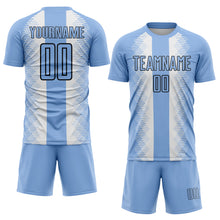 Load image into Gallery viewer, Custom Light Blue Black-White Zigzag Diamond Stripe Sports Sublimation Soccer Uniform Jersey
