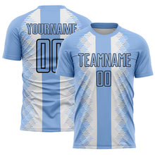 Load image into Gallery viewer, Custom Light Blue Black-White Zigzag Diamond Stripe Sports Sublimation Soccer Uniform Jersey
