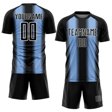 Custom Black Light Blue-White Zigzag Diamond Stripe Sports Sublimation Soccer Uniform Jersey