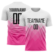 Load image into Gallery viewer, Custom White Black-Pink Gradient Diamond Diagonal Lines Sports Sublimation Soccer Uniform Jersey
