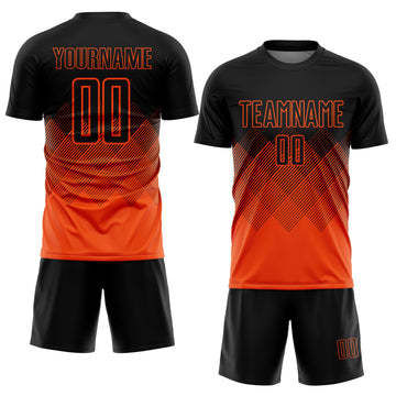 Custom Black Orange Gradient Diamond Diagonal Lines Sports Sublimation Soccer Uniform Jersey