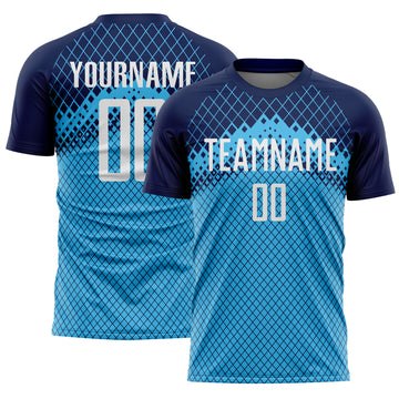 Custom Navy White-Sky Blue Gradient Diamond Grid Sports Sublimation Soccer Uniform Jersey