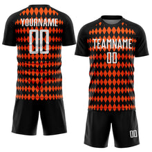 Laden Sie das Bild in den Galerie-Viewer, Custom Black White-Orange Diamond Harlequin Check Sports Sublimation Soccer Uniform Jersey
