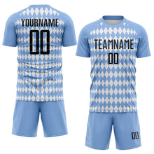 Laden Sie das Bild in den Galerie-Viewer, Custom Light Blue Black-White Diamond Harlequin Check Sports Sublimation Soccer Uniform Jersey
