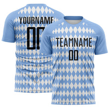 Laden Sie das Bild in den Galerie-Viewer, Custom Light Blue Black-White Diamond Harlequin Check Sports Sublimation Soccer Uniform Jersey
