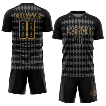 Custom Black Steel Gray-Old Gold Diamond Harlequin Check Sports Sublimation Soccer Uniform Jersey