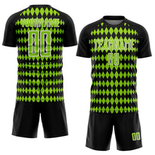 Laden Sie das Bild in den Galerie-Viewer, Custom Black Neon Green-White Diamond Harlequin Check Sports Sublimation Soccer Uniform Jersey
