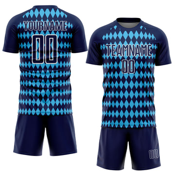 Custom Navy Sky Blue-White Diamond Harlequin Check Sports Sublimation Soccer Uniform Jersey