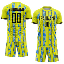 Load image into Gallery viewer, Custom Neon Yellow Black-Light Blue Camo Stripe Sports Sublimation Soccer Uniform Jersey
