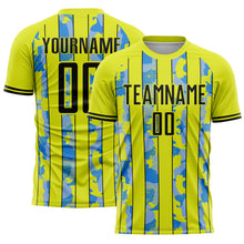 Load image into Gallery viewer, Custom Neon Yellow Black-Light Blue Camo Stripe Sports Sublimation Soccer Uniform Jersey
