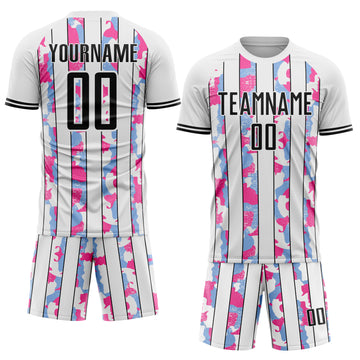 Custom White Black Light Blue-Pink Camo Stripe Sports Sublimation Soccer Uniform Jersey