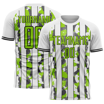 Custom White Neon Green Black-Steel Gray Camo Stripe Sports Sublimation Soccer Uniform Jersey