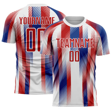 Custom White Red-Royal Diagonal Stripe Sports Sublimation Soccer Uniform Jersey