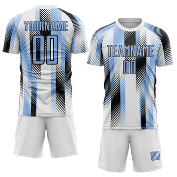 Custom White Light Blue-Black Diagonal Stripe Sports Sublimation Soccer Uniform Jersey