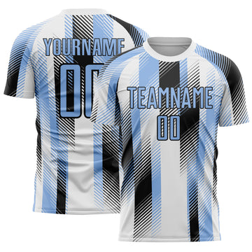 Custom White Light Blue-Black Diagonal Stripe Sports Sublimation Soccer Uniform Jersey