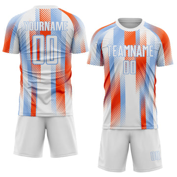 Custom White Light Blue-Orange Diagonal Stripe Sports Sublimation Soccer Uniform Jersey