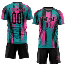Laden Sie das Bild in den Galerie-Viewer, Custom Teal Black-Pink Diagonal Stripe Sports Sublimation Soccer Uniform Jersey

