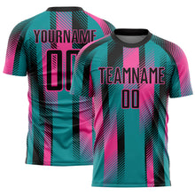 Laden Sie das Bild in den Galerie-Viewer, Custom Teal Black-Pink Diagonal Stripe Sports Sublimation Soccer Uniform Jersey
