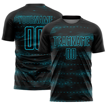 Custom Black Lakes Blue Streamline Wave Cyberpunk Neon Tech Sports Sublimation Soccer Uniform Jersey