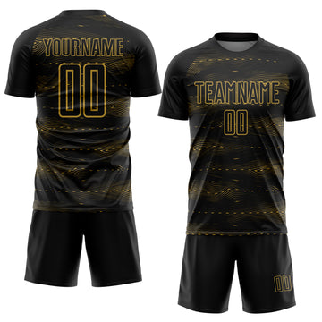 Custom Black Old Gold Streamline Wave Cyberpunk Neon Tech Sports Sublimation Soccer Uniform Jersey