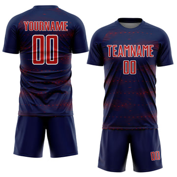 Custom Navy Red-White Streamline Wave Cyberpunk Neon Tech Sports Sublimation Soccer Uniform Jersey