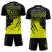 Load image into Gallery viewer, Custom Black Neon Yellow Gradient Claw Mark Splatter Sports Sublimation Soccer Uniform Jersey
