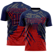 Load image into Gallery viewer, Custom Navy Red Gradient Claw Mark Splatter Sports Sublimation Soccer Uniform Jersey
