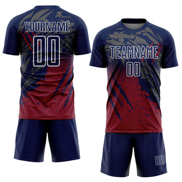 Custom Navy White-Crimson Gradient Claw Mark Splatter Sports Sublimation Soccer Uniform Jersey