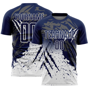 Custom Navy White Gradient Claw Mark Splatter Sports Sublimation Soccer Uniform Jersey