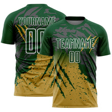 Charger l'image dans la galerie, Custom Green White-Old Gold Gradient Claw Mark Splatter Sports Sublimation Soccer Uniform Jersey
