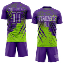 Загрузить изображение в средство просмотра галереи, Custom Purple White-Neon Green Gradient Claw Mark Splatter Sports Sublimation Soccer Uniform Jersey
