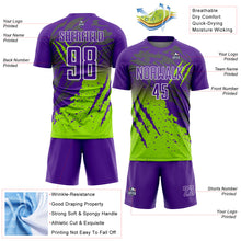 Загрузить изображение в средство просмотра галереи, Custom Purple White-Neon Green Gradient Claw Mark Splatter Sports Sublimation Soccer Uniform Jersey
