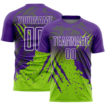 Custom Purple White-Neon Green Gradient Claw Mark Splatter Sports Sublimation Soccer Uniform Jersey