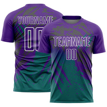 Загрузить изображение в средство просмотра галереи, Custom Purple White-Teal Gradient Claw Mark Splatter Sports Sublimation Soccer Uniform Jersey
