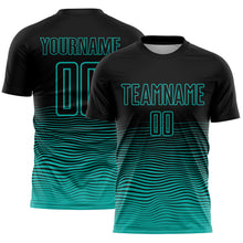 Загрузить изображение в средство просмотра галереи, Custom Black Aqua Gradient Wave Line Sports Sublimation Soccer Uniform Jersey
