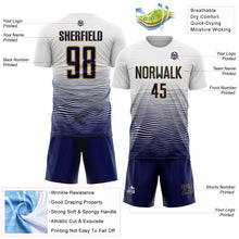 Загрузить изображение в средство просмотра галереи, Custom White Navy-Old Gold Gradient Wave Line Sports Sublimation Soccer Uniform Jersey
