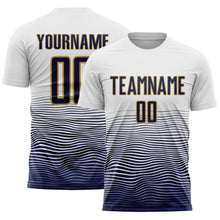Загрузить изображение в средство просмотра галереи, Custom White Navy-Old Gold Gradient Wave Line Sports Sublimation Soccer Uniform Jersey

