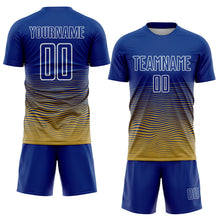 Загрузить изображение в средство просмотра галереи, Custom Royal White-Old Gold Gradient Wave Line Sports Sublimation Soccer Uniform Jersey

