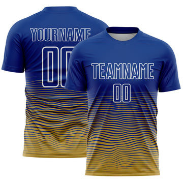 Custom Royal White-Old Gold Gradient Wave Line Sports Sublimation Soccer Uniform Jersey