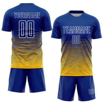 Custom Royal White-Yellow Gradient Wave Line Sports Sublimation Soccer Uniform Jersey