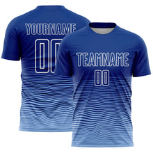 Загрузить изображение в средство просмотра галереи, Custom Royal White-Light Blue Gradient Wave Line Sports Sublimation Soccer Uniform Jersey
