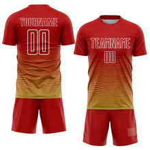 Загрузить изображение в средство просмотра галереи, Custom Red White-Old Gold Gradient Wave Line Sports Sublimation Soccer Uniform Jersey
