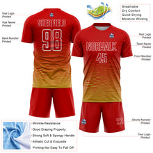 Загрузить изображение в средство просмотра галереи, Custom Red White-Old Gold Gradient Wave Line Sports Sublimation Soccer Uniform Jersey

