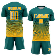 Загрузить изображение в средство просмотра галереи, Custom Teal Gold-White Gradient Wave Line Sports Sublimation Soccer Uniform Jersey
