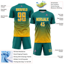 Загрузить изображение в средство просмотра галереи, Custom Teal Gold-White Gradient Wave Line Sports Sublimation Soccer Uniform Jersey
