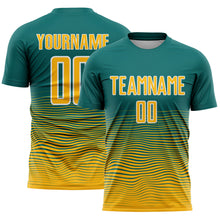Загрузить изображение в средство просмотра галереи, Custom Teal Gold-White Gradient Wave Line Sports Sublimation Soccer Uniform Jersey
