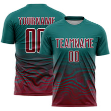 Загрузить изображение в средство просмотра галереи, Custom Teal Crimson-White Gradient Wave Line Sports Sublimation Soccer Uniform Jersey
