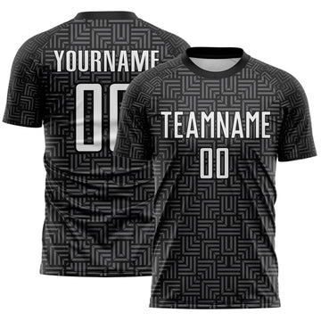 Custom Black White-Steel Gray Geometric Maze Interlocking Square Sports Sublimation Soccer Uniform Jersey