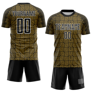 Custom Black Old Gold-White Geometric Maze Interlocking Square Sports Sublimation Soccer Uniform Jersey