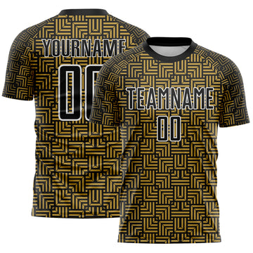 Custom Black Old Gold-White Geometric Maze Interlocking Square Sports Sublimation Soccer Uniform Jersey